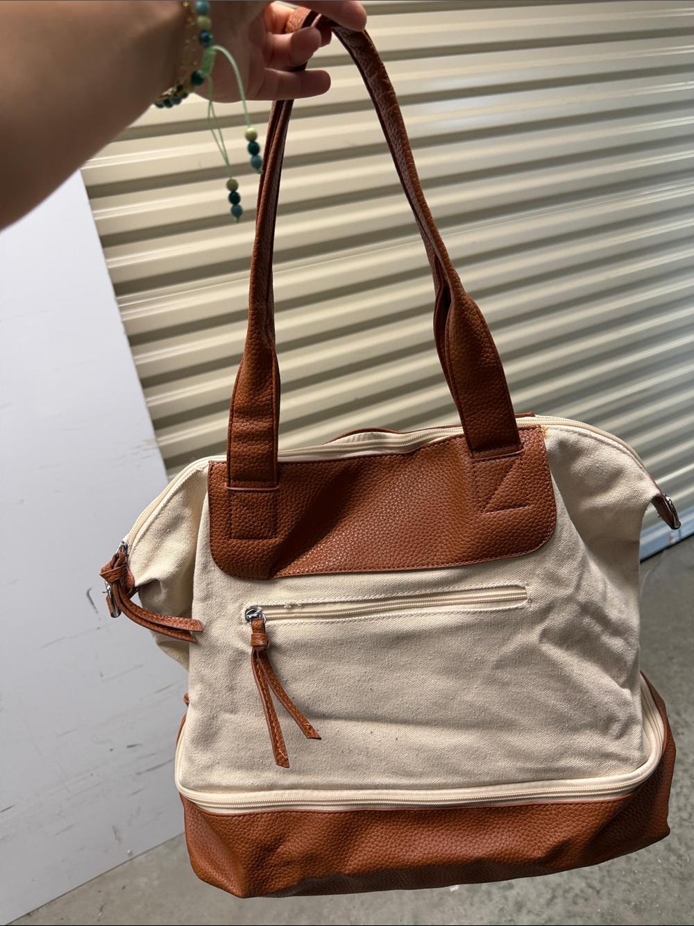 Canvas and Leather Two-Tone Tote Bag - Tan & Cream